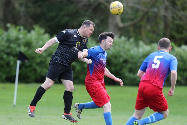 Kevin Strathdee scoring with a header during Hawick United's 4-2 win at home at Wilton Lodge Park on Saturday to St Boswells in the Border Amateur Football Association's B division (Photo: Brian Sutherland)