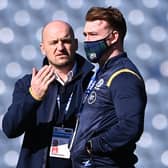 Gregor Townsend talking to Stuart Hogg ahead of the Guinness Six Nations match between Scotland and Italy at Murrayfield in Edinburgh on March 20, 2021 (Photo by Stu Forster/Getty Images)