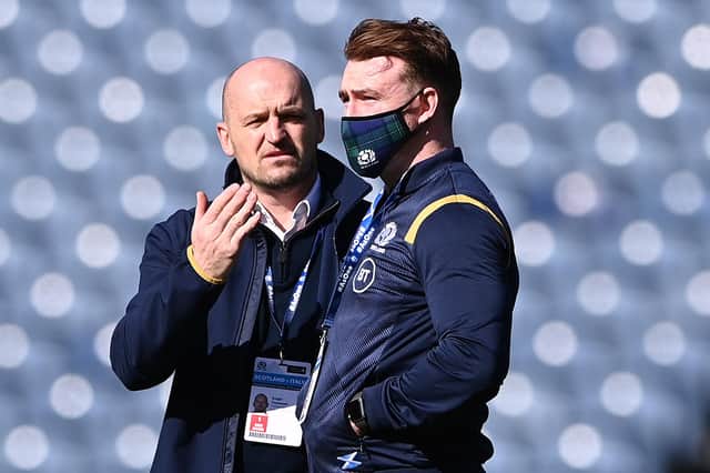 Gregor Townsend talking to Stuart Hogg ahead of the Guinness Six Nations match between Scotland and Italy at Murrayfield in Edinburgh on March 20, 2021 (Photo by Stu Forster/Getty Images)