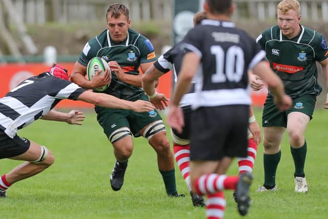 Dalton Redpath on the ball for Hawick as they beat Kelso 61-7 at home at Mansfield Park on Saturday (Photo: Brian Sutherland)