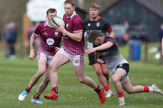 Robbie Irvine on the ball for Gala during their 20-12 semi-final win against Kelso at 2024's Langholm Sevens on Saturday (Photo: Brian Sutherland)