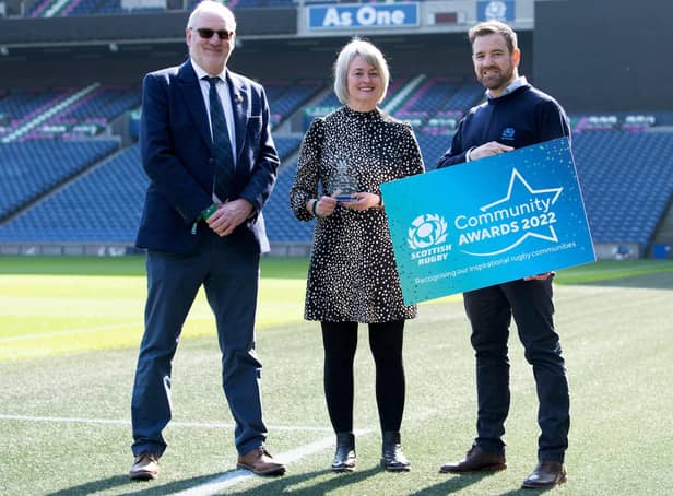 Kelso's Allison Whitson being presented with a Scottish Rugby community recognition award at Edinburgh's DAM Health Stadium (Photo: Ross Parker/SNS Group/SRU)