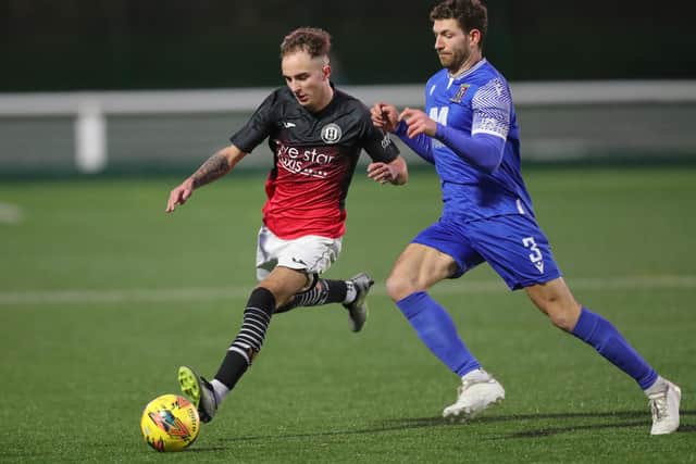 Loan signing Jordan Hunter in possession for Gala Fairydean Rovers, with Robbie McIntyre challenging, during their 2-0 Scottish Lowland Football League defeat at home to Tranent Juniors on Saturday (Photo: Brian Sutherland)
