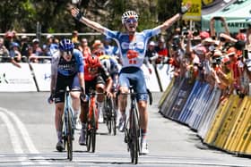 Team DSM-Firmenich PostNL rider Oscar Onley celebrating winning the fifth stage of 2024's Tour Down Under near Adelaide on Saturday (Pic: Brenton Edwards/AFP via Getty Images)