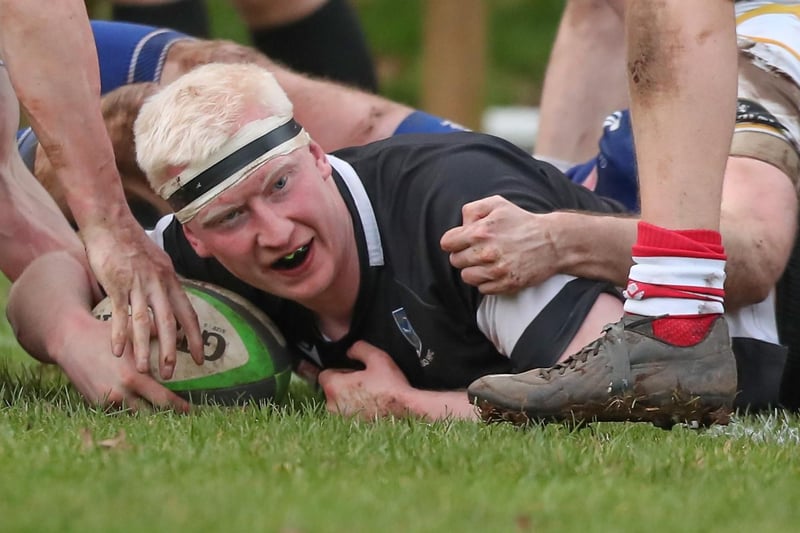 Euan Thompson touching down during Kelso's 48-12 win at Jed-Forest's Riverside Park on Saturday in rugby's Scottish Premiership (Photo: Brian Sutherland)