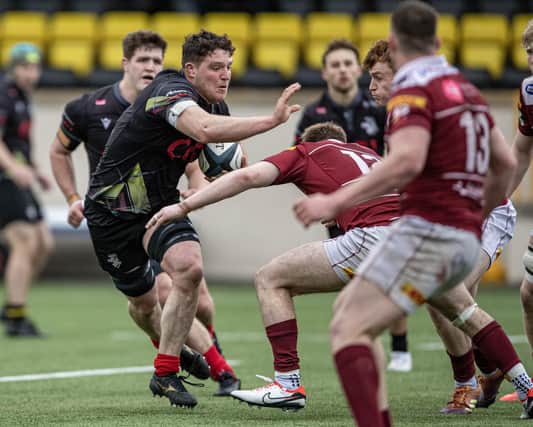 Openside flanker Allan Ferrie in possession during Southern Knights' 24-14 loss at home to Watsonians at Melrose's Greenyards on Saturday (Photo: Craig Murray)