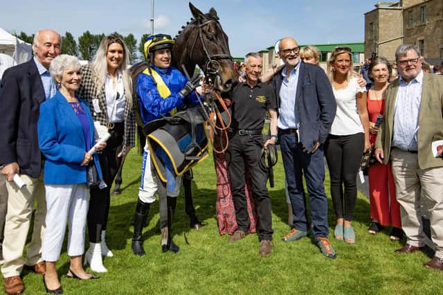 Jockey Ryan Mania celebrating on Sunday at Kelso after riding the Ferry Master to victory for his trainer father-in-law Sandy Thomson (Pic: Brian Sutherland)