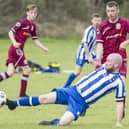Jed Legion's Jamie Milner on the ball during their 2-0 Collie Cup quarter-final loss to Eyemouth United Amateurs on Saturday (Photo: Bill McBurnie)