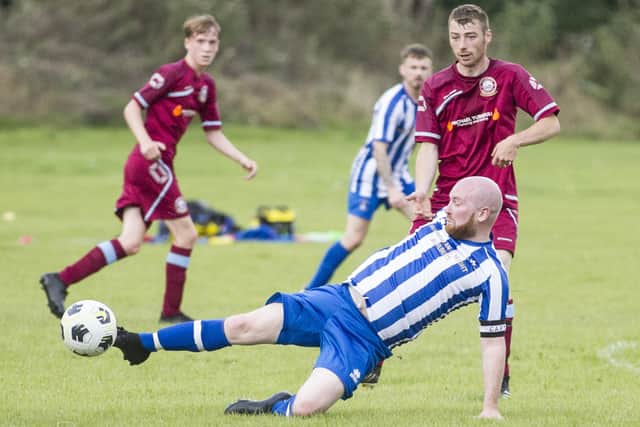 Jed Legion's Jamie Milner on the ball during their 2-0 Collie Cup quarter-final loss to Eyemouth United Amateurs on Saturday (Photo: Bill McBurnie)