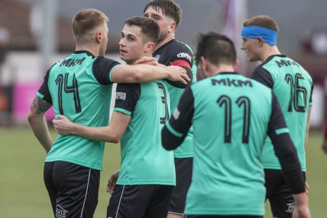Gala Fairydean Rovers players celebrating No 3 Quinn Mitchell’s match-winning 34th-minute goal against Kelty Hearts in Fife on Saturday (Photo: Thomas Brown)