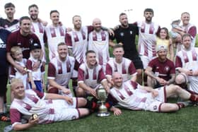 Langlee Amateurs celebrating beating Biggar United 5-2 in Saturday's Border Cup final in Hawick (Photo: Linda Cruikshank)