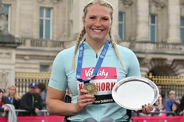 Gold medallist Samantha Kinghorn celebrating after winning the Vitality London women's wheelchair 10,000m road race on Monday (Photo: Justin Setterfield/Getty Images)