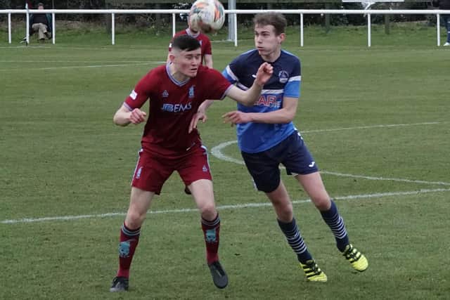 Vale of Leithen defender Murray Wilson challenging for the ball at Haddington Athletic on Saturday (Pic: David Wilson)