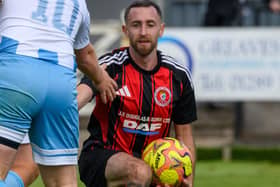 Alan Jess, pictured in prior action, got a hat-trick for Duns Amateurs during their 11-0 win away to Stow on Saturday (Photo: Alan Raeburn)