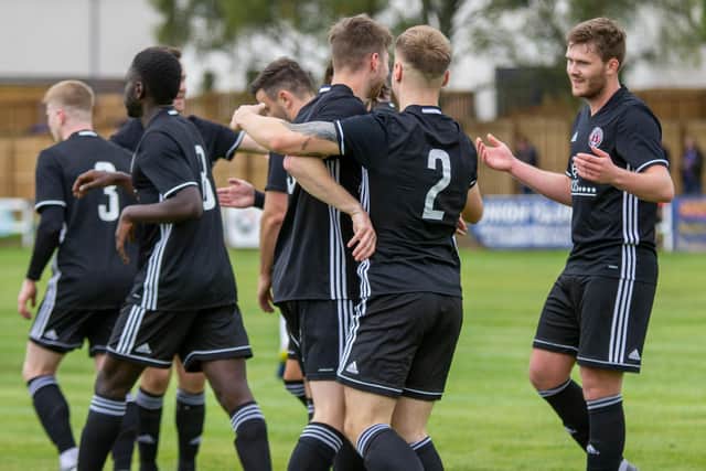 Gala Fairydean Rovers celebrating after scoring one of eight goals against Vale of Leithen on Saturday, September 4 (Photo: Thomas Brown)