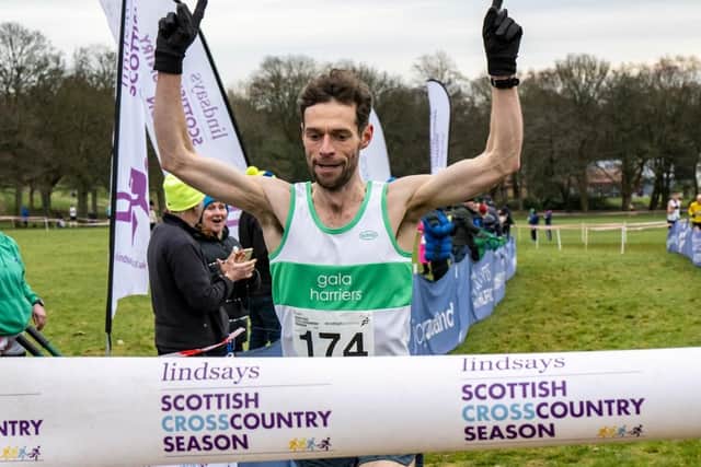 Gala Harrier Darrell Hastie winning Sunday's Scottish Athletics cross-country race for men over 40 in 28:21 (Photo: Bobby Gavin)