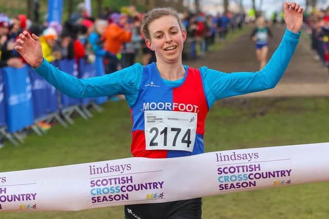 Moorfoot Runners' Scout Adkin winning the senior women's 10km race at Scottish Athletics' national cross-country championship's at Falkirk's Callendar Park on Saturday in 37:15 (Pic: Scott Louden)