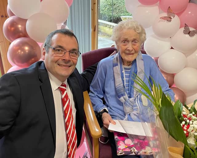 Chairman Paul Spence visits the 1935 Beltane Queen May Robson, on the occasion of her 100th birthday.