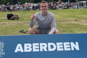 Hawick's Thomas MacAskill celebrating his 800m win at Aberdeen Highland Games on Sunday, his third win on the circuit in the space of two days