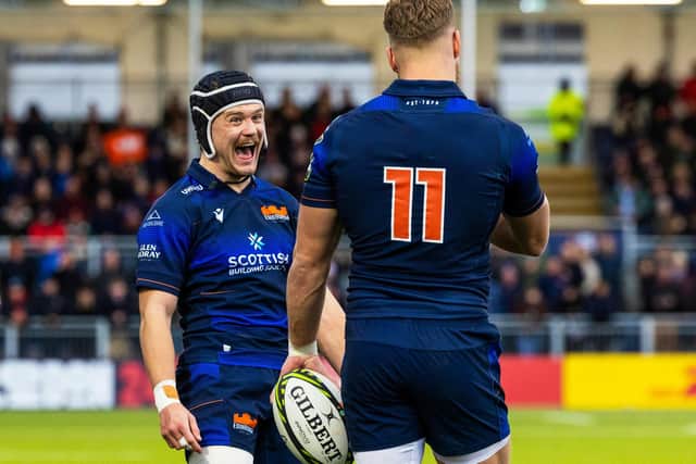 Edinburgh's Darcy Graham celebrating with team-mate Duhan van der Merwe during their side's 34-21 European Professional Club Rugby Challenge Cup win at home to Castres Olympique at the capital's Hive Stadium on Saturday (Photo by Ross Parker/SNS Group/SRU)