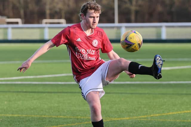 Kai Macrae on the ball for Gala Fairydean Amateurs during their 4-2 loss at home to Lanark's Kirkfield United in the second round of this season's South of Scotland Amateur Cup on Saturday (Photo: Brian Sutherland)