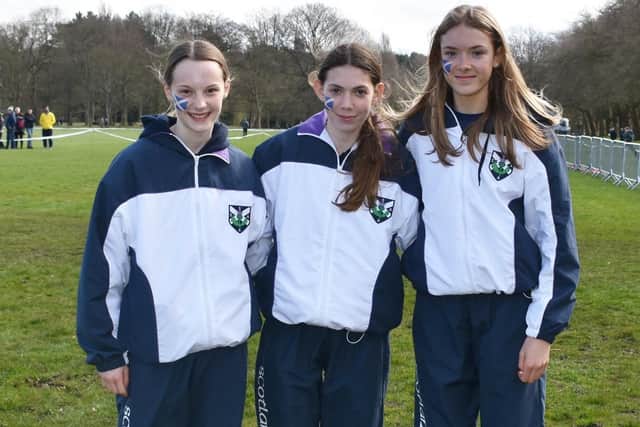 Gala Harriers, from left, Ava Richardson, Kirsty Rankine and Erin Gray at a Schools International Athletic Board cross-country event in Liverpool at the weekend (Pic: Neil Renton)