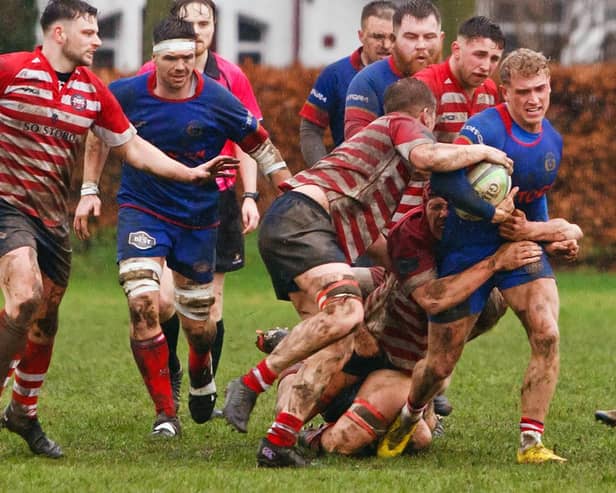 Peebles halting a home attack during their 24-20 win at Kirkcaldy's Beveridge Park on Saturday (Photo: Michael Booth)
