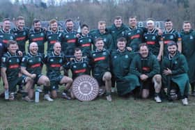 Hawick with the Bill McLaren Shield after their 59-3 away win against Selkirk at Philiphaugh on Saturday in rugby's Scottish Premiership (Photo: Grant Kinghorn)
