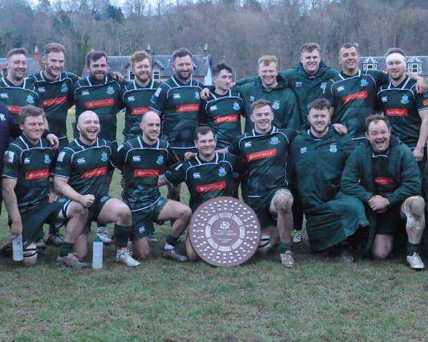 Hawick with the Bill McLaren Shield after their 59-3 away win against Selkirk at Philiphaugh on Saturday in rugby's Scottish Premiership (Photo: Grant Kinghorn)