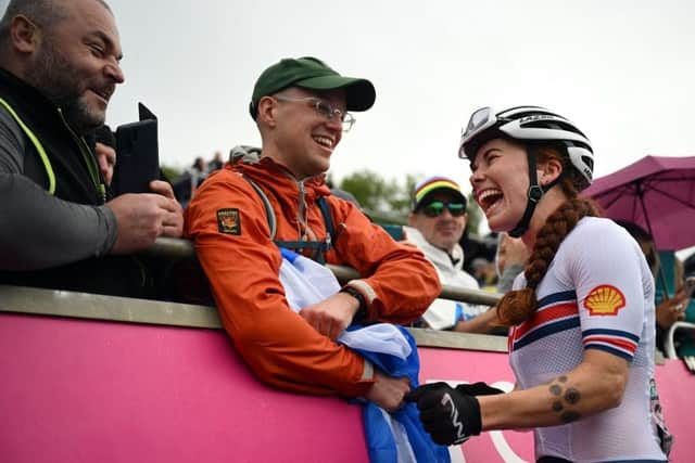 Great Britain's Isla Short greeting spectators after the women's elite cross-country Olympic mountain bike race during the inaugural UCI world championships on Saturday at Glentress Forest (Photo by Oli Scarff/AFP via Getty Images)