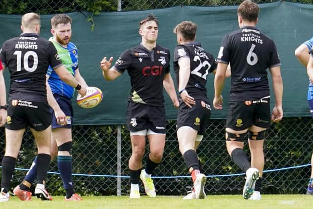 Southern Knights wing Aidan Cross celebrating scoring a try against Boroughmuir Bears on Saturday (Photo by Simon Wootton/SNS Group/SRU)