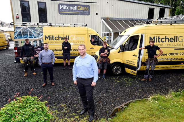 Mitchell Glass Galashiels, young staff members pictures. L to R:  Keanan Gobby, Jordan Hogarth,  Kerr Brown, Chris Cellier, Harry Kershaw, with Jamie Hall ( front left sales consultant ) and owner, Lewis Roden. (Photo: Ian Rutherford)