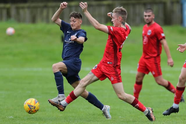 Midfielder Jack McAlpine helping Hawick Royal Albert beat Bathgate Thistle 2-1 at home in the South Region Challenge Cup's second round on Saturday (Photo: Brian Sutherland)