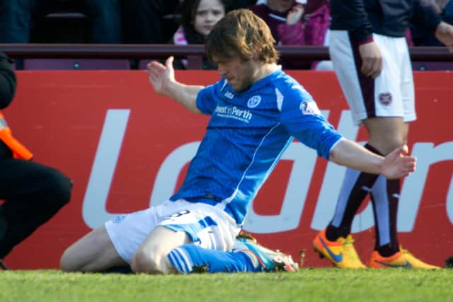 St Johnstone's Murray Davidson celebrates after scoring the second of two goals against Hearts in March 2016 (Picture by Ian Rutherford)