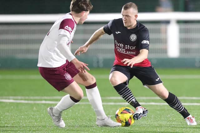 Liam Watt on the ball for Gala Fairydean Rovers during their 6-1 defeat at home to Linlithgow Rose at Galashiels' Netherdale Stadium on Saturday (Photo: Brian Sutherland)