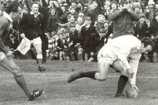 Linesman Eric Grierson watching Hawick's Jim Renwick score a try for Scotland against France in June 1972 (Photo: TSPL)