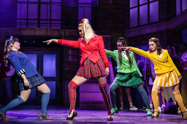 Rebecca Wickes as Veronica and Maddison Firth, Merryl Ansah and Lizzy Parker as the Heathers in Heathers The Musical at the Edinburgh Playhouse