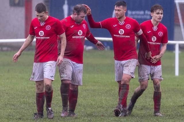 Peebles Rovers celebrating one of their three goals against Tweedmouth Rangers on Saturday (Pic: Pete Birrell)