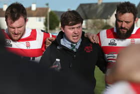 South of Scotland head coach Matty Douglas talking to his players during their 27-25 win against Glasgow and the West in rugby's national inter-district championship at Kelso's Poynder Park last month (Photo: Steve Cox)
