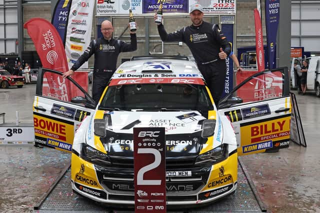 Garry Pearson (right) and co-driver Daniel Barritt are pictured with their Volkwagen Polo GTi R5 (Pic by JEP)