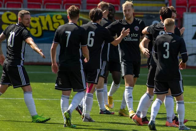 Gala Fairydean Rovers players celebrating after Gareth Rodger headed them in front during their Scottish Lowland Football League game against Cumbernauld Colts at Broadwood Stadium (Photo: Thomas Brown)
