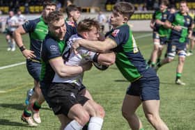 Right-winger Finn Douglas being halted during Southern Knights' 34-17 Fosroc Super Series Sprint win at home to Boroughmuir Bears at Melrose's Greenyards on Saturday (Photo: Craig Murray)