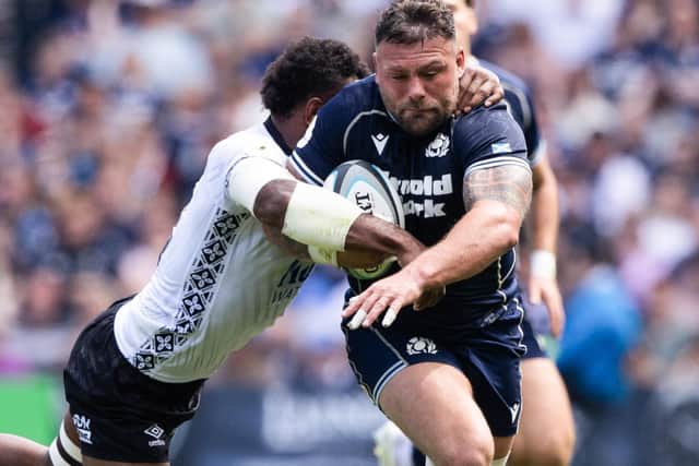Rory Sutherland in possession for Scotland during their 33-17 Nations Championship win hosting Fiji at Edinburgh’s Murrayfield Stadium on Saturday (Photo: Craig Williamson/SNS Group/SRU)