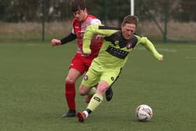 Des Sutherland in action for Langlee Amateurs during their 3-0 win against Law Community in Kelso in the South of Scotland Amateur Cup's quarter-finals on Saturday (Photo: Steve Cox)
