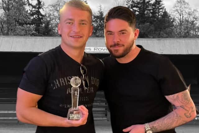 Peebles Rovers manager Ger Rossi with Ben Brown, voted the club's player of the season just ended (Pic: Peebles Rovers)