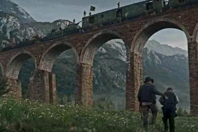The Leaderfoot viaduct has undergone a dramatic transformation for the new Indiana Jones movie. Image: LucasFilm Ltd.