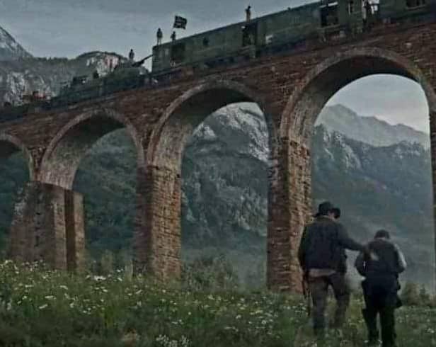 The Leaderfoot viaduct has undergone a dramatic transformation for the new Indiana Jones movie. Image: LucasFilm Ltd.
