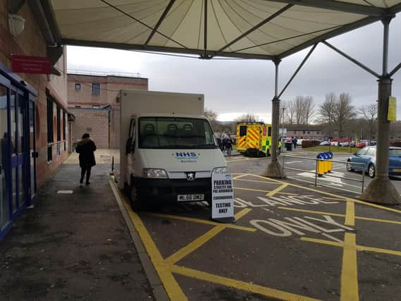 A coronvirus testing unit on the forecourt of the Borders General Hospital.