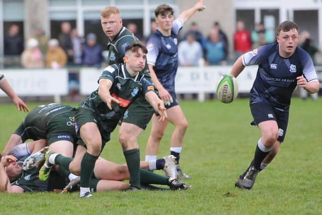 Deaglan Lightfoot making a pass for Hawick beating during their 36-8 win at home to Selkirk at Mansfield Park on Saturday (Photo: Grant Kinghorn)