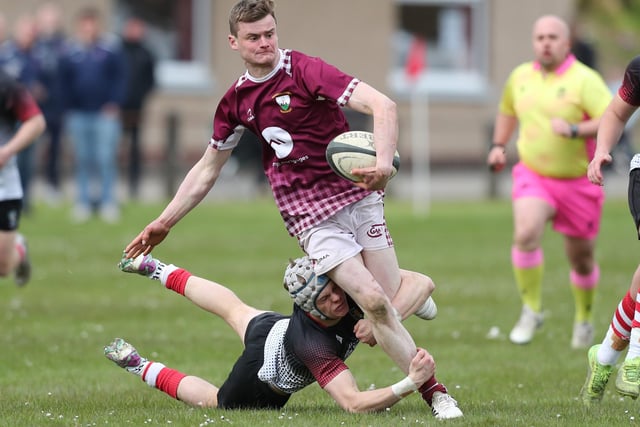 Callum Pate  on the ball for Gala during their 20-12 semi-final win against Kelso at 2024's Langholm Sevens on Saturday (Photo: Brian Sutherland)